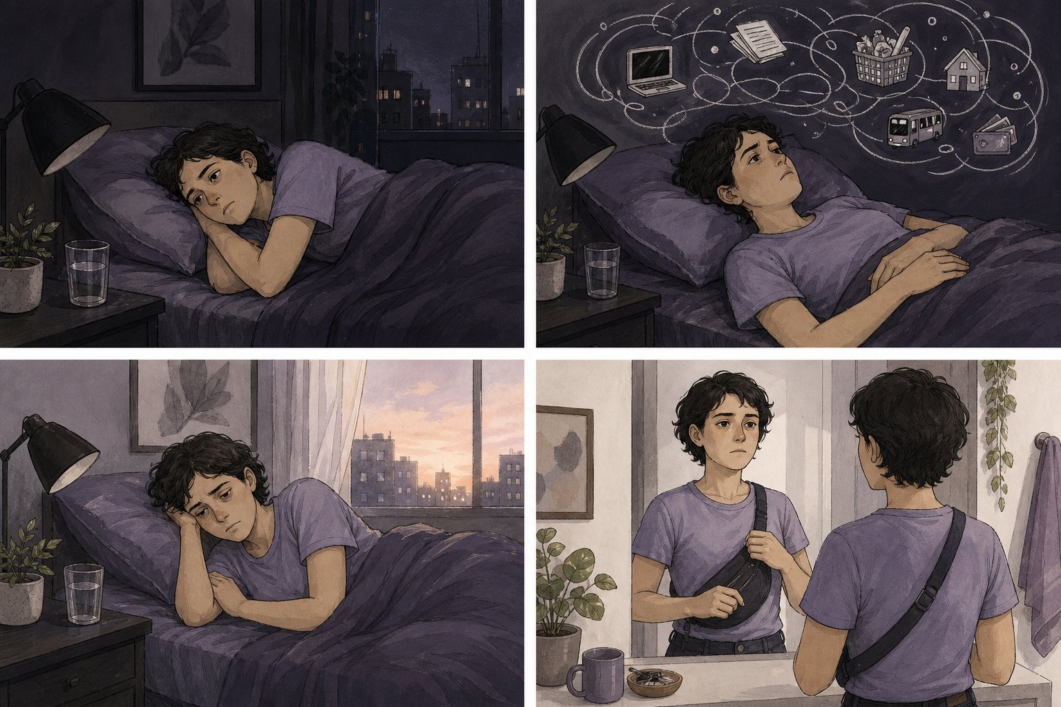 História em quatro quadros: uma pessoa cansada tenta dormir, passa a noite com pensamentos em círculo e começa a manhã ainda exausta