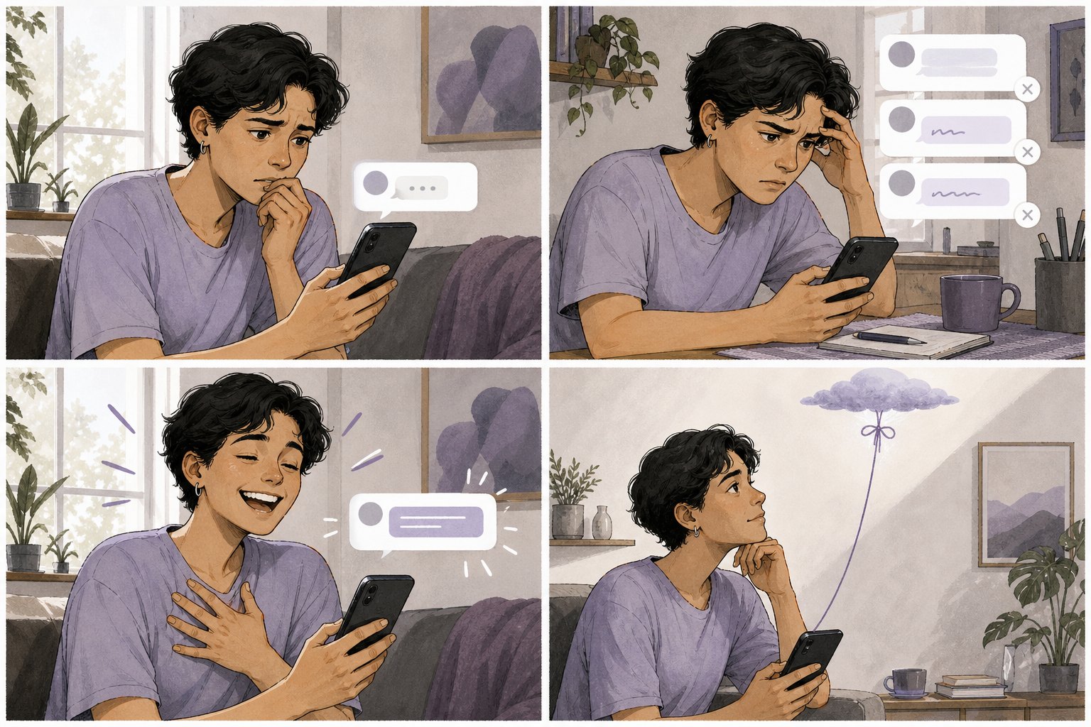 História em quatro quadros: uma pessoa fica ansiosa com uma mensagem, ensaia respostas e percebe o quanto seu humor depende do celular